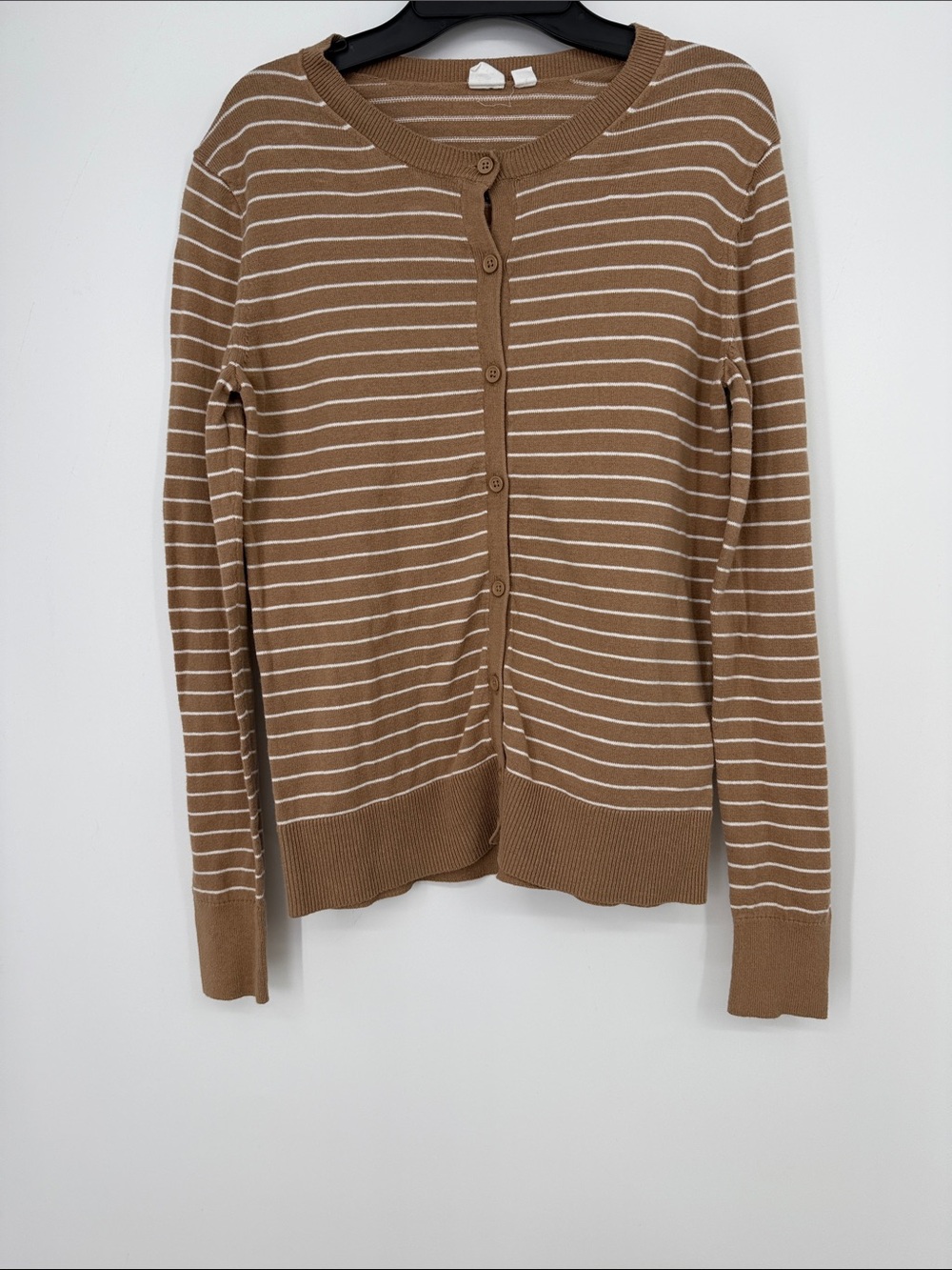 Gap Striped Crewneck Button-Front Sweater Cardigan - Camel/White size small